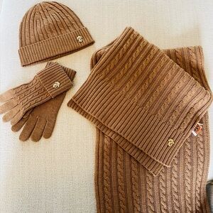 Tory Burch Brown Knit Scarf and Accessories Set